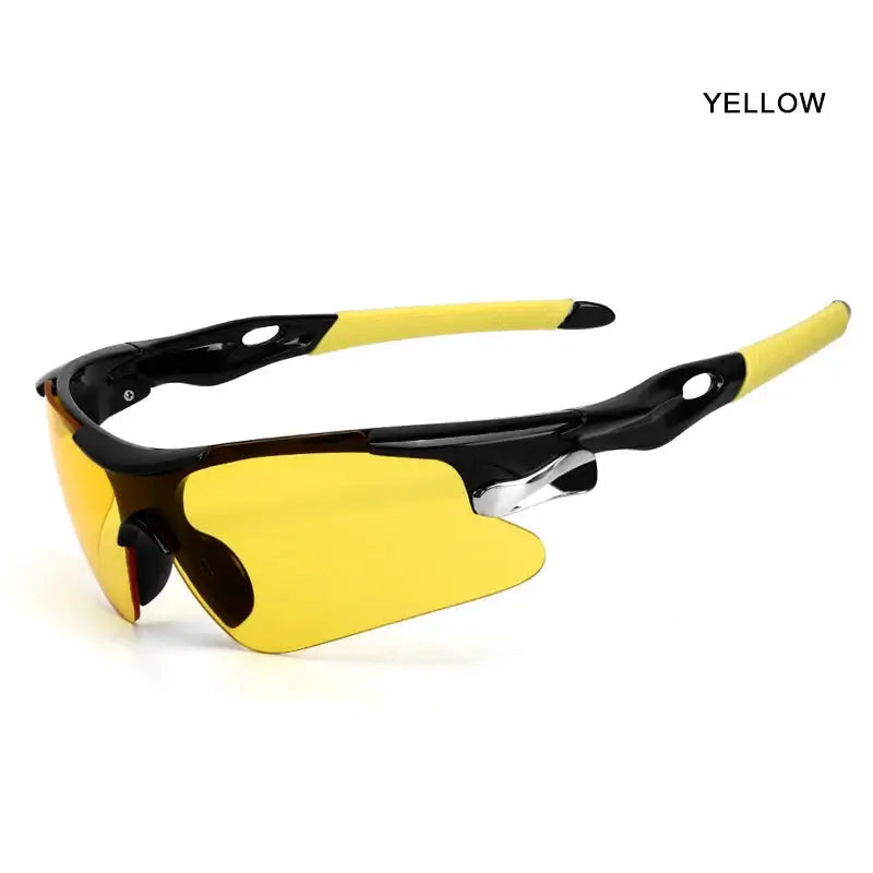 Yellow sunglasses with black frames on a white background, labeled 'Classic Style'.